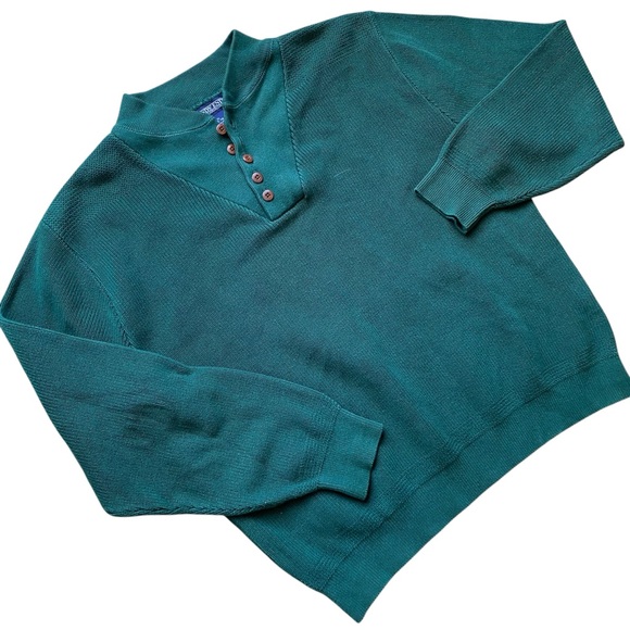 Lands End VTG Knit Fisherman Sweater Mens XL Hunter Green Cotton Henley Heavy - Picture 3 of 9